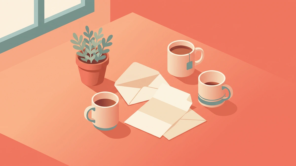An opened envelope with a folded letter face down beside it, two mugs of tea and a small pot plant on a kitchen table.